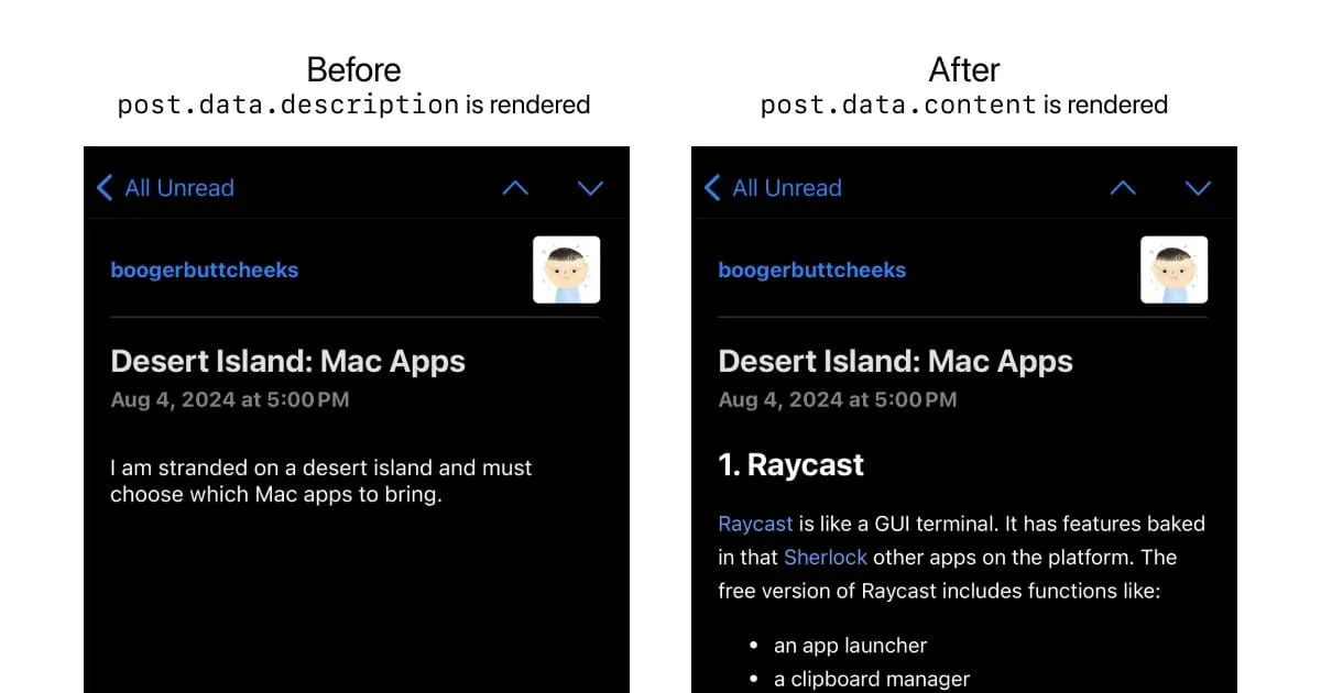 Rendering the description vs the full content in an RSS reader